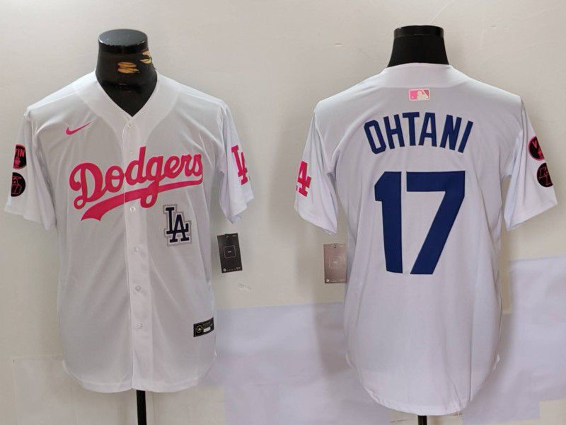 Men Los Angeles Dodgers #17 Ohtani White pink joint name 2024 Nike MLB Jersey style 5